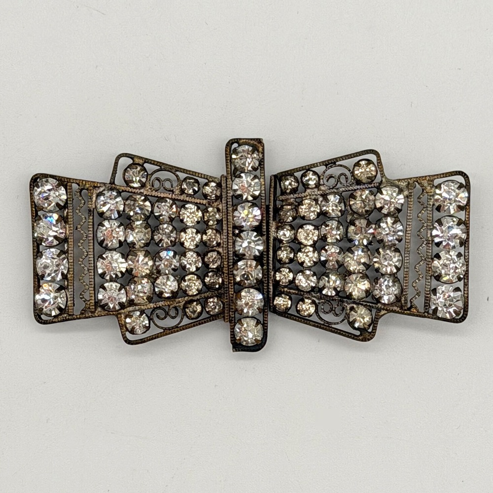 Vintage Art Deco Rhinestone Bow Belt Buckle Silver Tone Pot Metal Dress Retro